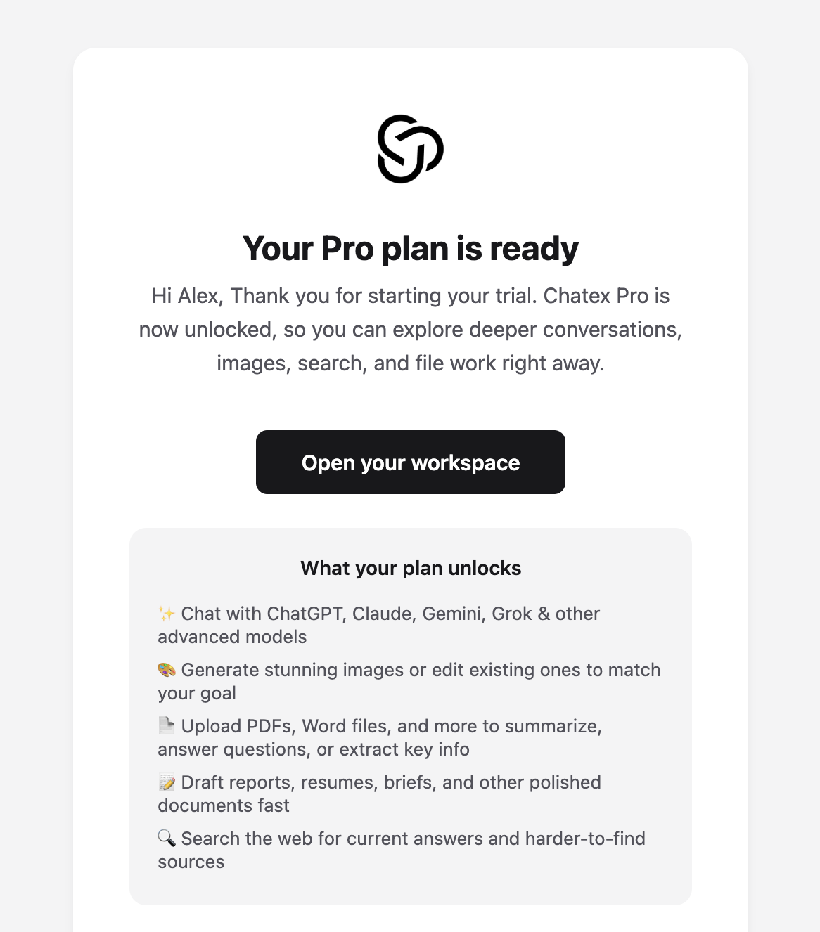 Welcome email showing the Your Pro plan is ready message