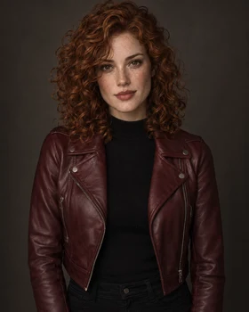 Reference character: auburn-haired woman in a burgundy jacket